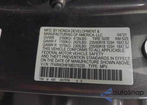 2021 Honda Cr-V Awd Ex-L z USA, uszkodzony, nr VIN 7FARW2H81ME015226